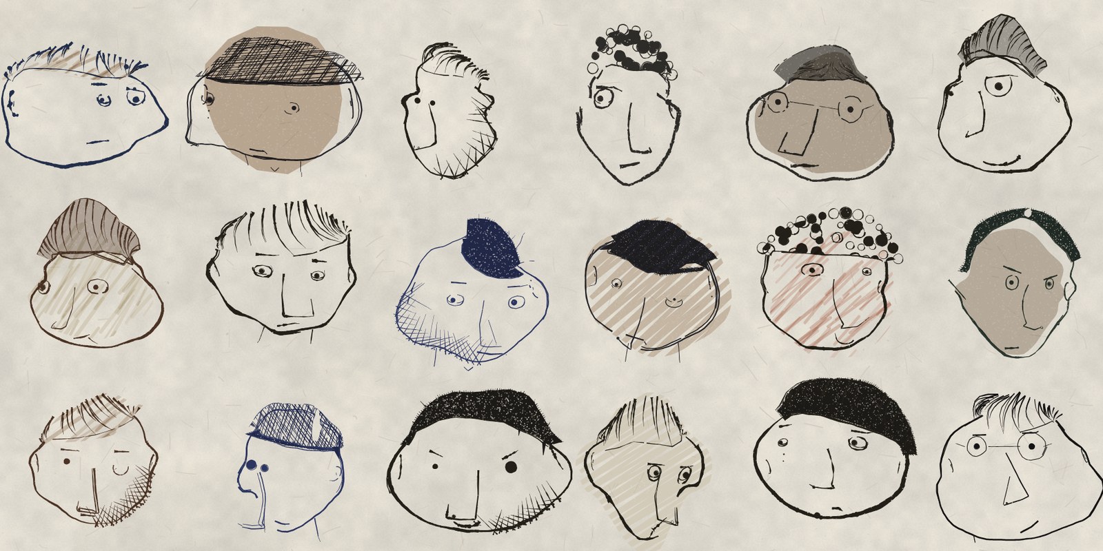 A sheet of doodled heads, every one of them drawn by code