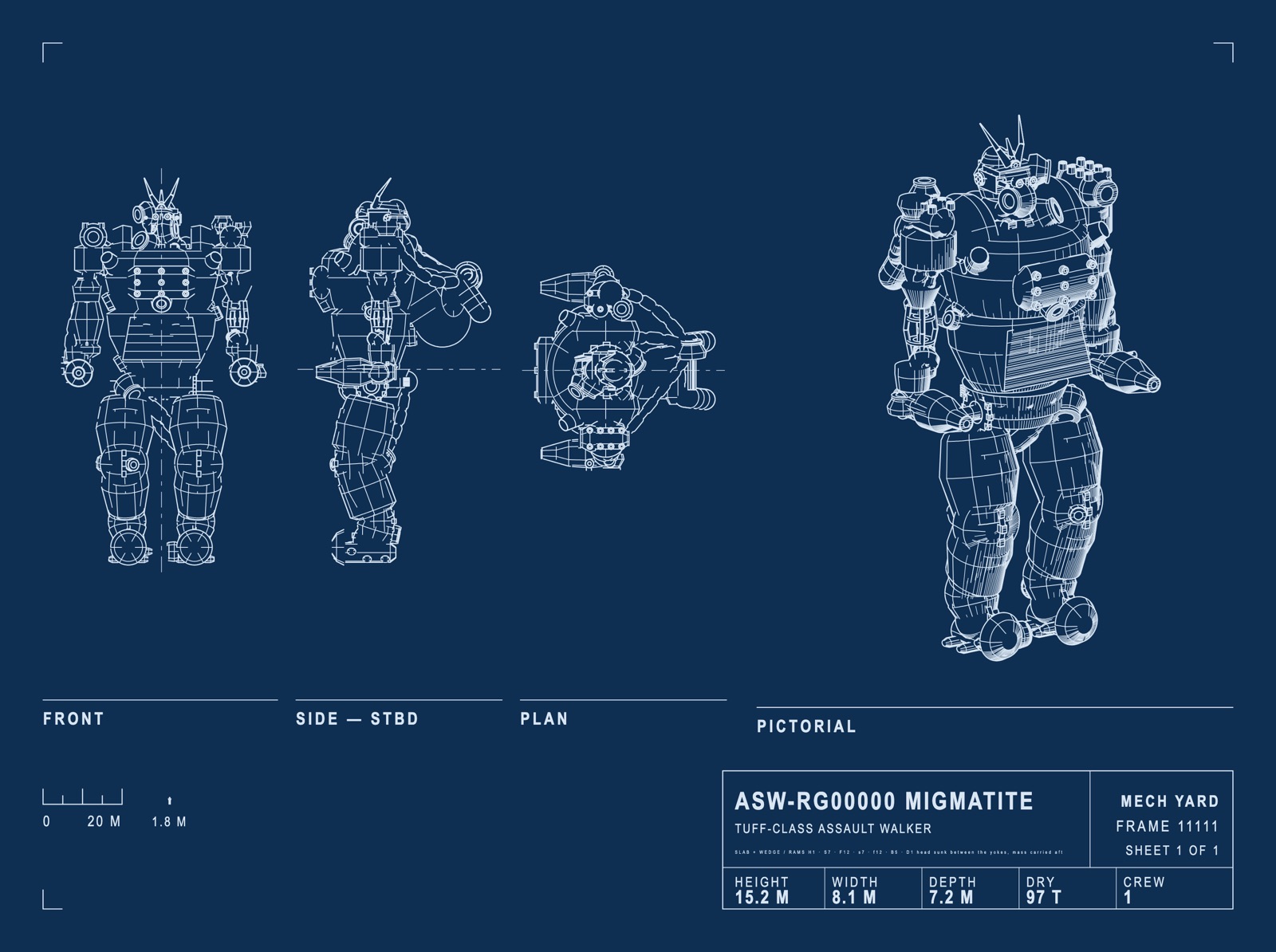 One generated sheet: a 15.2 m assault walker in front, side and plan views with a pictorial, title block and 1.8 m scale figure