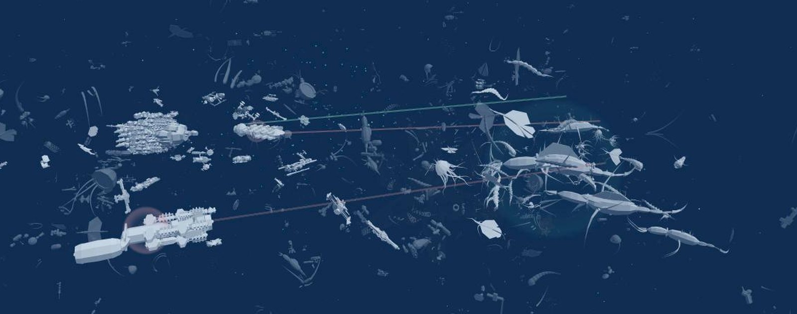 The war: a Yard leviathan under fire on the left, the Shoal swarming on the right, lances crossing the middle and a field of wreckage drifting through it