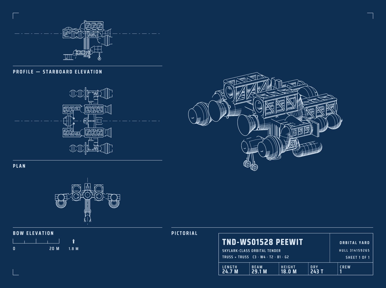 One generated sheet: a four-hull orbital tender in profile, plan, bow elevation and pictorial, with its title block and a 1.8 m figure beside the scale bar